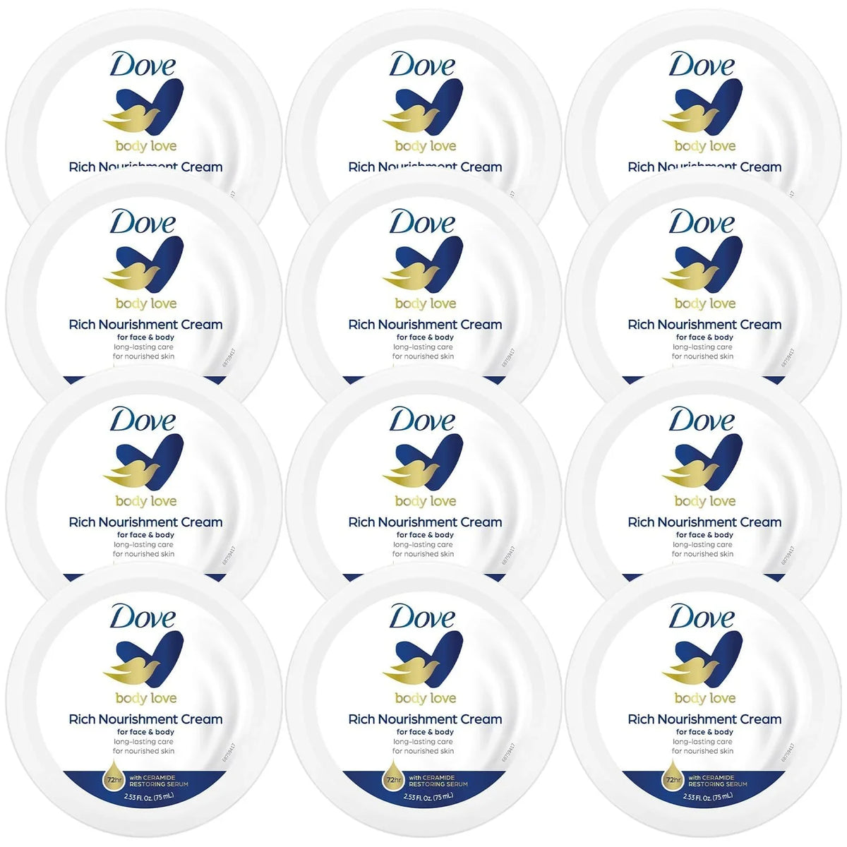 Dove Body Love Rich Nourishment Cream, Face, Hand & Body Lotion For Extremely Dry Skin, Fast-Absorbing 72-Hour Moisturizing Cream With Ceramide Serum, Travel Size, 2.53 Oz (Pack Of 12)