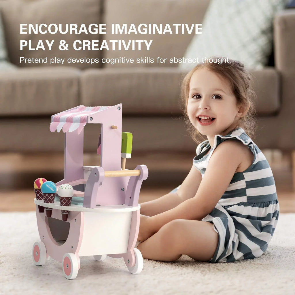 Wooden Ice Cream Cart Toys for Kids, Toddlers Pretend Play Food Truck, Gift for Girls and Boys 3 Years & Up