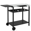 Outdoor Bar Cart with Stainless Steel Tabletop, Kitchen Island with Wheels, 2 Tiers & Seasoning Shelf, Patio Serving Cart with Hooks, Towel & Garbage Bag Holder, Plates & Spice Jars, Black