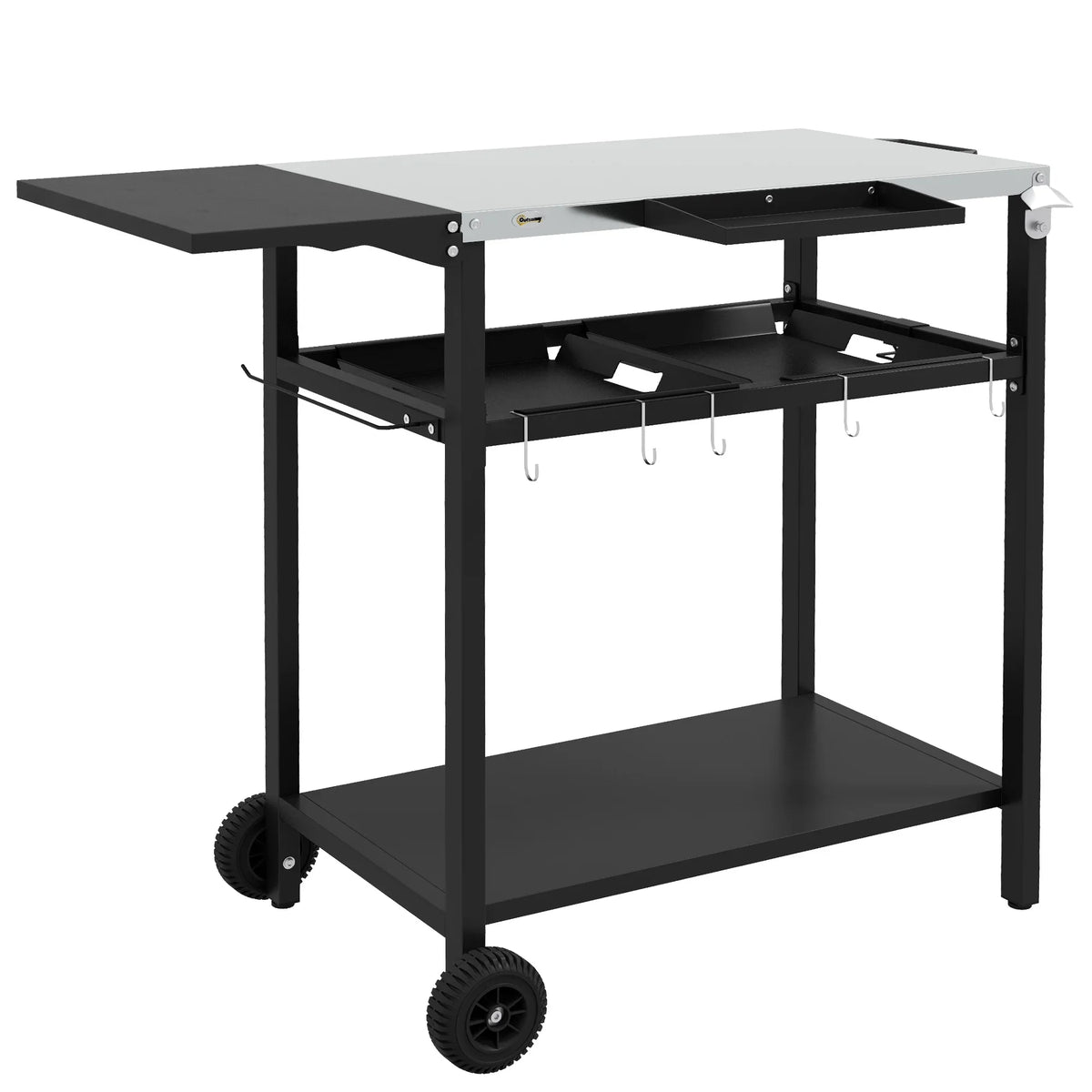 Outdoor Bar Cart with Stainless Steel Tabletop, Kitchen Island with Wheels, 2 Tiers & Seasoning Shelf, Patio Serving Cart with Hooks, Towel & Garbage Bag Holder, Plates & Spice Jars, Black