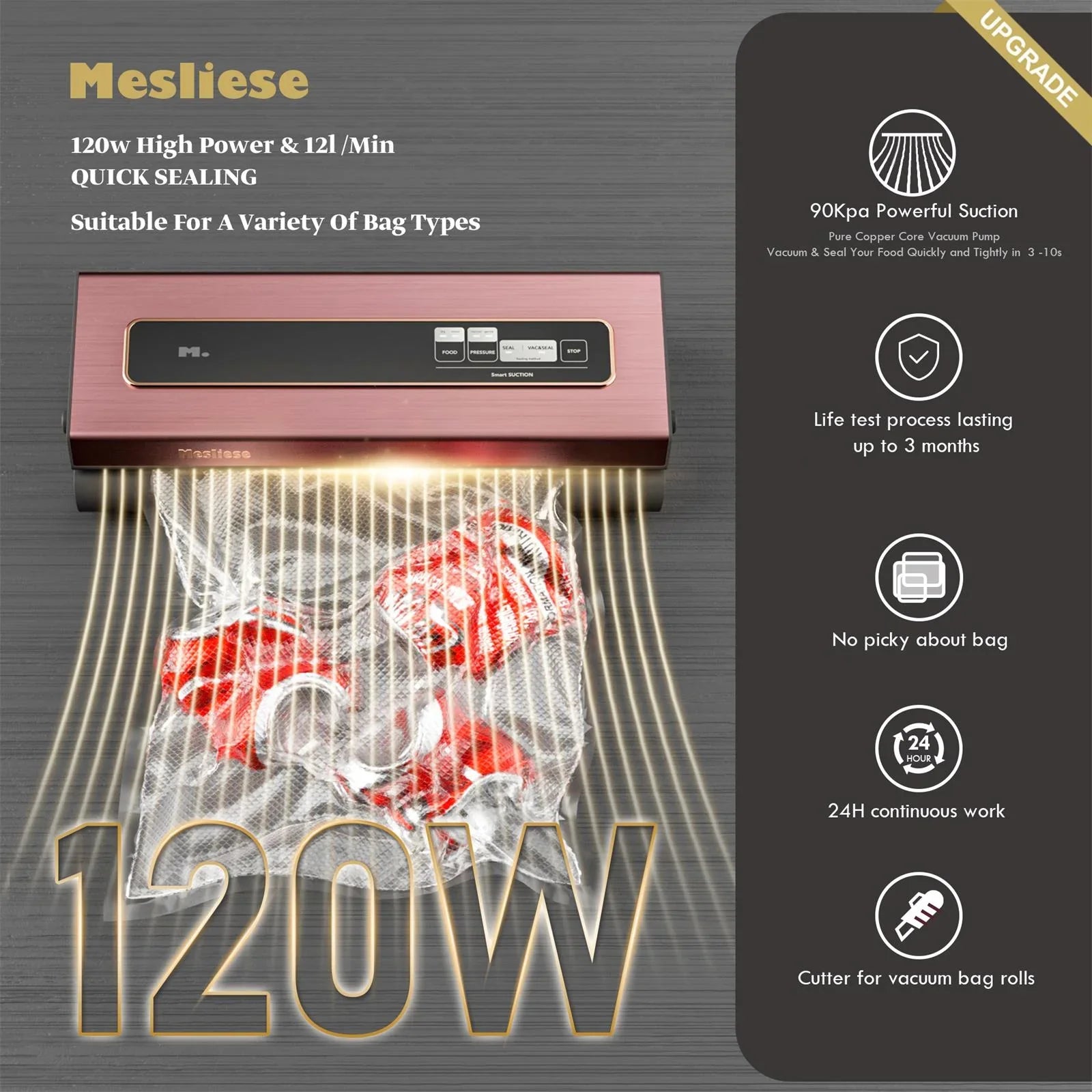 Mesliese Vacuum Sealer Machine Powerful 90Kpa Precision 6-in-1 Compact Food Preservation System with Cutter, 2 Bag Rolls & 5 Pre-cut Bags, Widened 12mm Sealing Strip, Dry&Moist Modes (Pink)