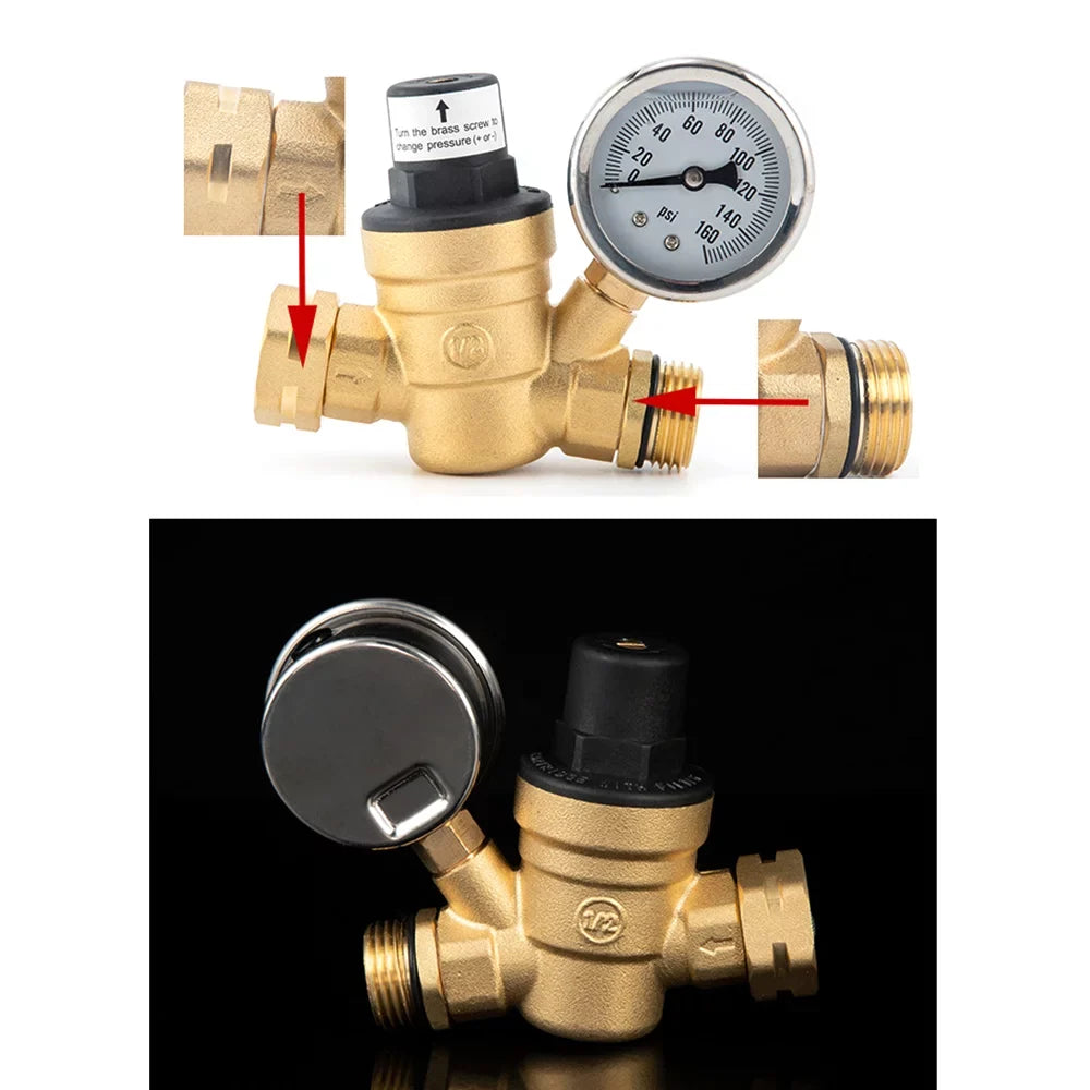 Adjustable Water Pressure Regulator Valve - Lead-Free Brass, with 0-160PSI Gauge and Inlet Screened Filter, Ideal for  and Travel Trailers