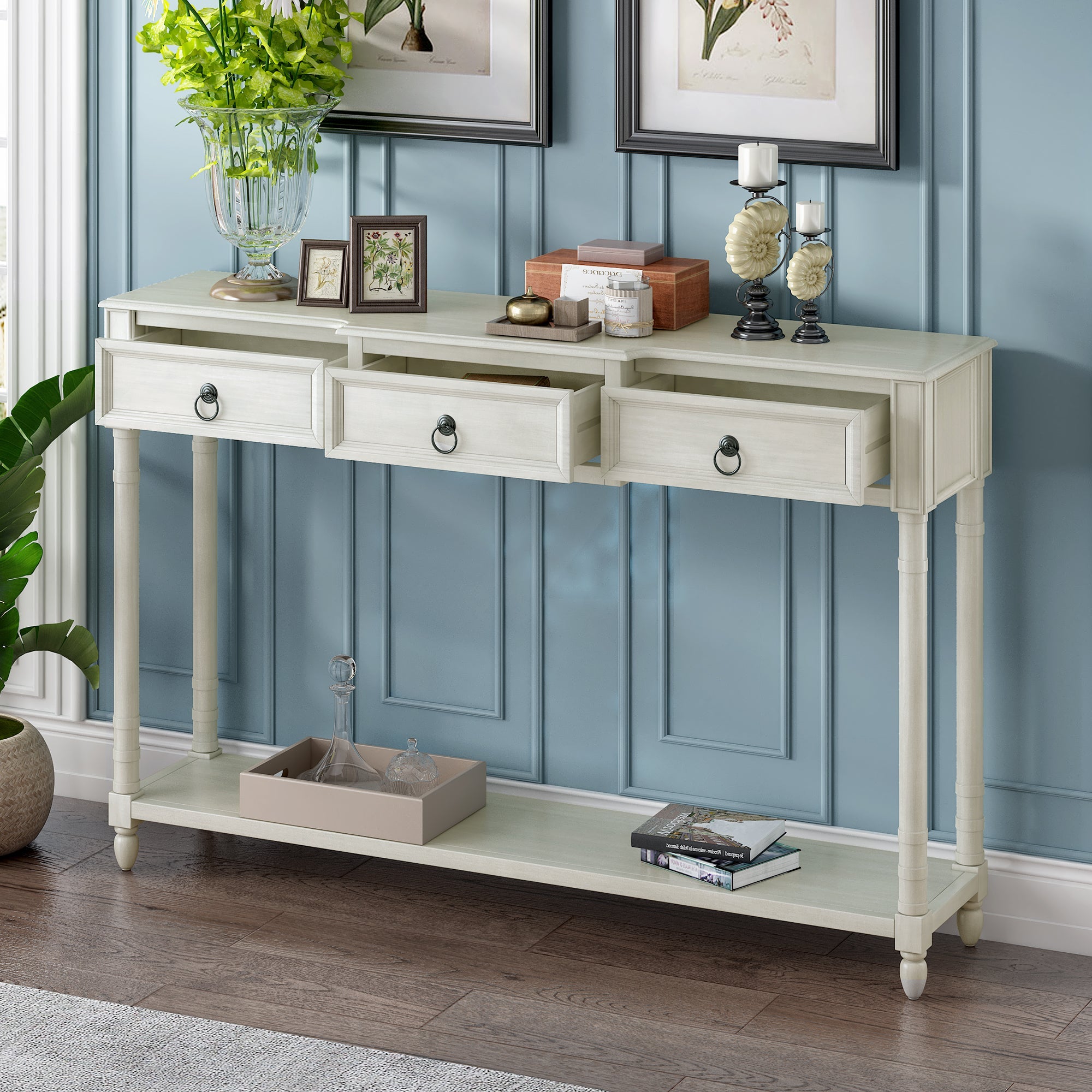 Console Table Sofa Table with Drawers for Entryway with Projecting Drawers and Long Shelf (Antique White,  : )