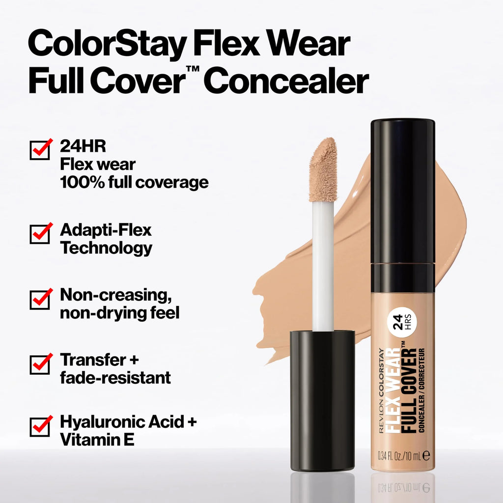 Revlon Colorstay Flex Wear, Full Cover Non-Creasing Concealer, Infused With Hyaluronic Acid & Vitamin , Flexible Longwear, 010 Vanilla, 0.34 Fl Oz.
