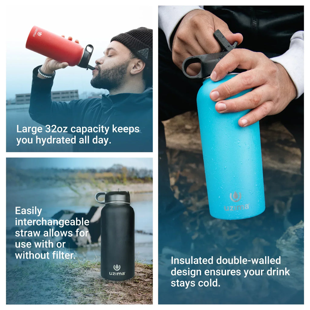 Uzima - -Source Filtered Water Bottle for Hiking, Backpacking, Camping, and Travel. Water Purification on the Go. Large 32oz Capacity with Double-Walled Stainless Steel Exterior .(Red)
