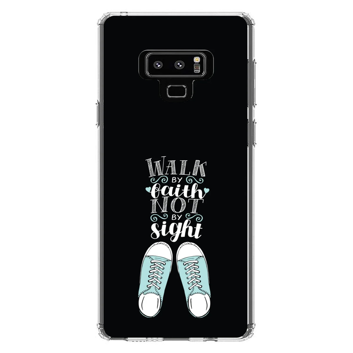 DistinctInk Clear Shockproof Hybrid Case for Samsung Galaxy Note 9 -  Bumper, Acrylic Back, Tempered Glass Screen Protector - Walk By Faith Not By Sign - Sneakers