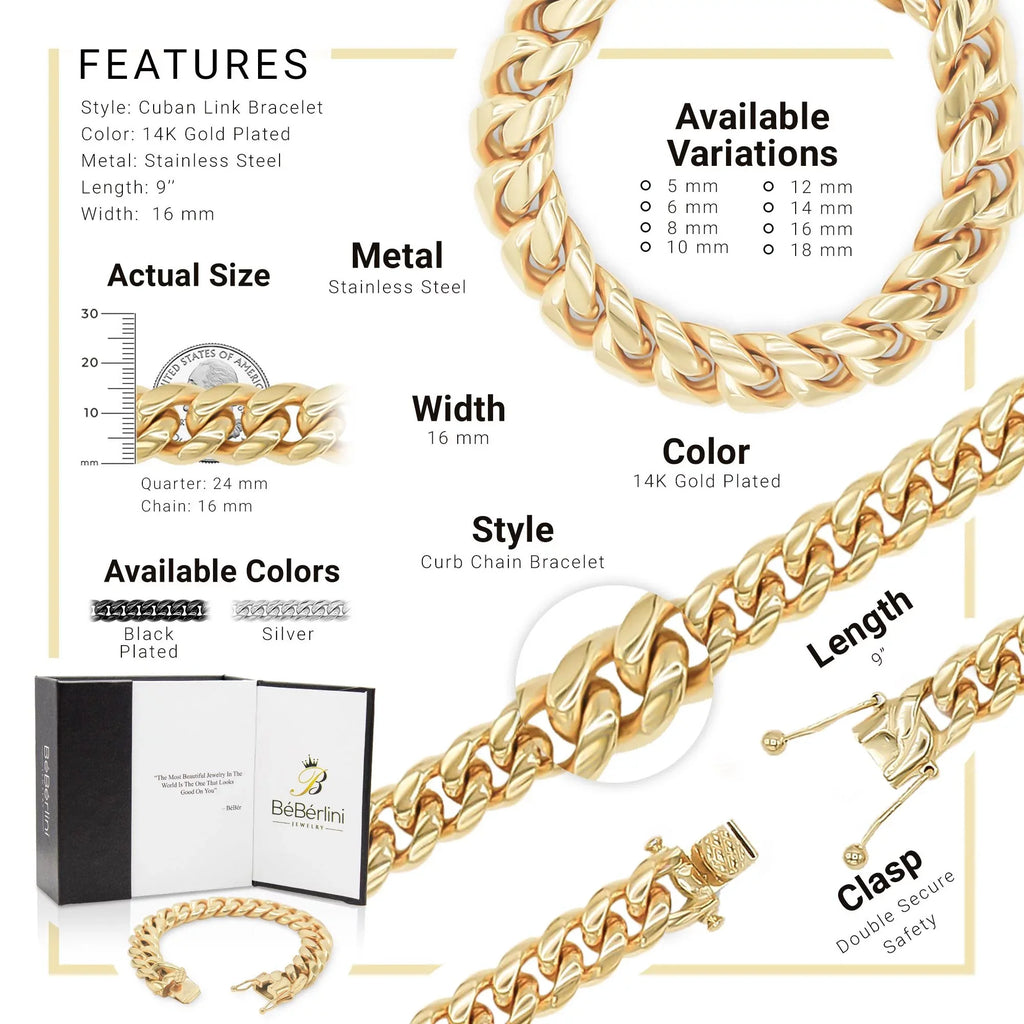Cuban Link Bracelet 14K Gold Plated Curb Chain 9" Stainless Steel Fashion Jewelry for Adult Men 16 mm