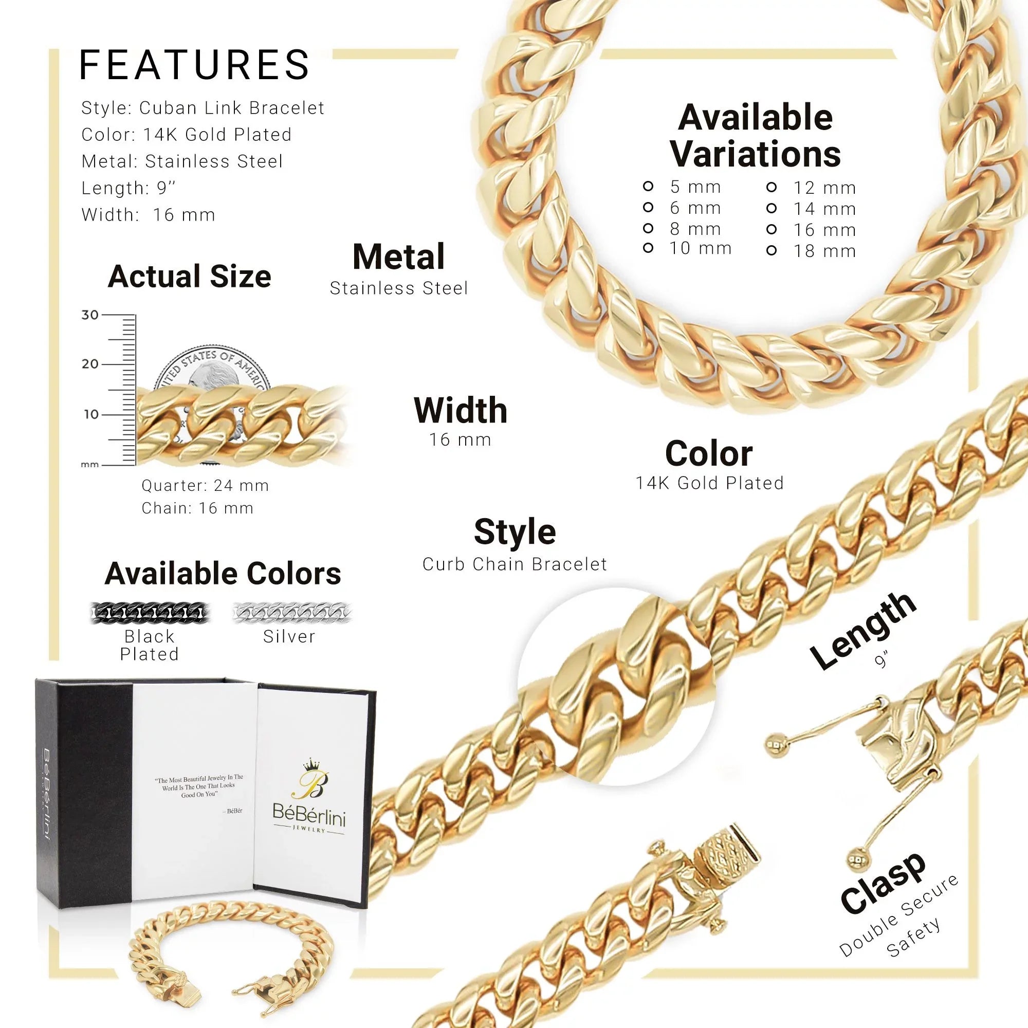 Cuban Link Bracelet 14K Gold Plated Curb Chain 9" Stainless Steel Fashion Jewelry for Adult Men 16 mm