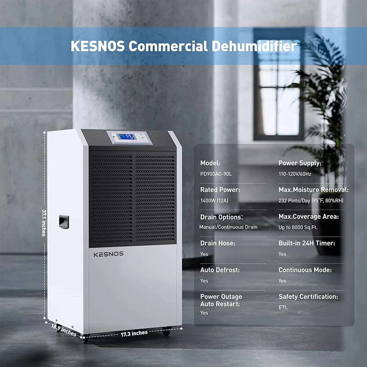 Kesnos 232 Pint Commercial Dehumidifier for Basements with Drain Hose in Area up to 8000 Sq. Ft, Large Industrial Dehumidifier for Moisture Removal