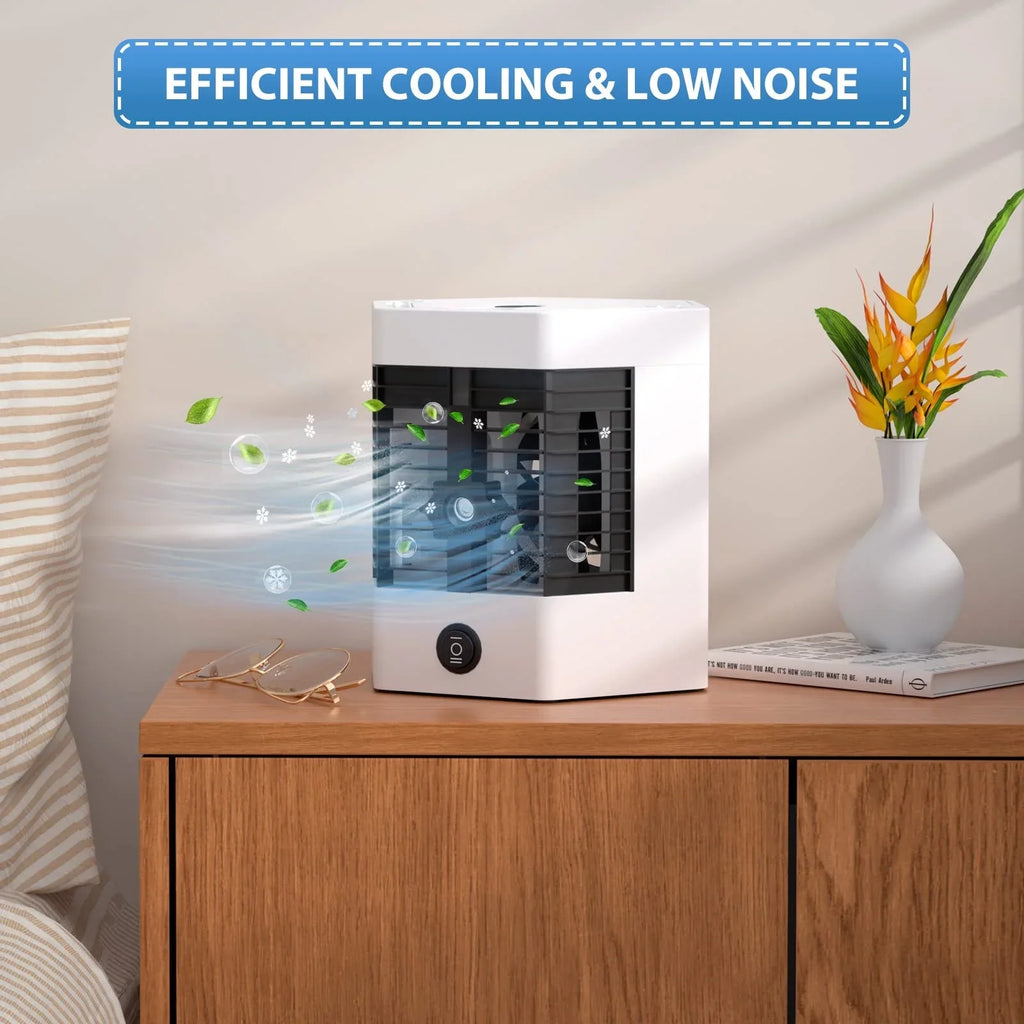 Mini Portable Air Cooler Personal Space Cooler Easy to Fill Water and Led Light and Portable Air Conditioner Device Cool Any Space Like Home office