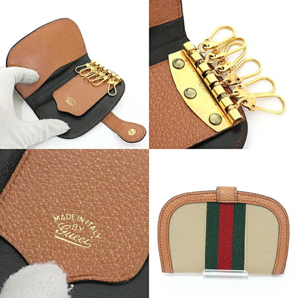 Pre-Owned Gucci  Old Sherry Line Key Case 6 Rows Beige Green/Red/Green Canvas/Leather Web Stripe (Good)