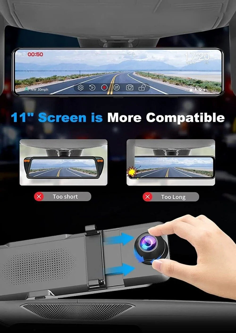 Dual Dash Cam 4K   11"  Rearview Mirror Car  Camera Front Rear Video Recorder