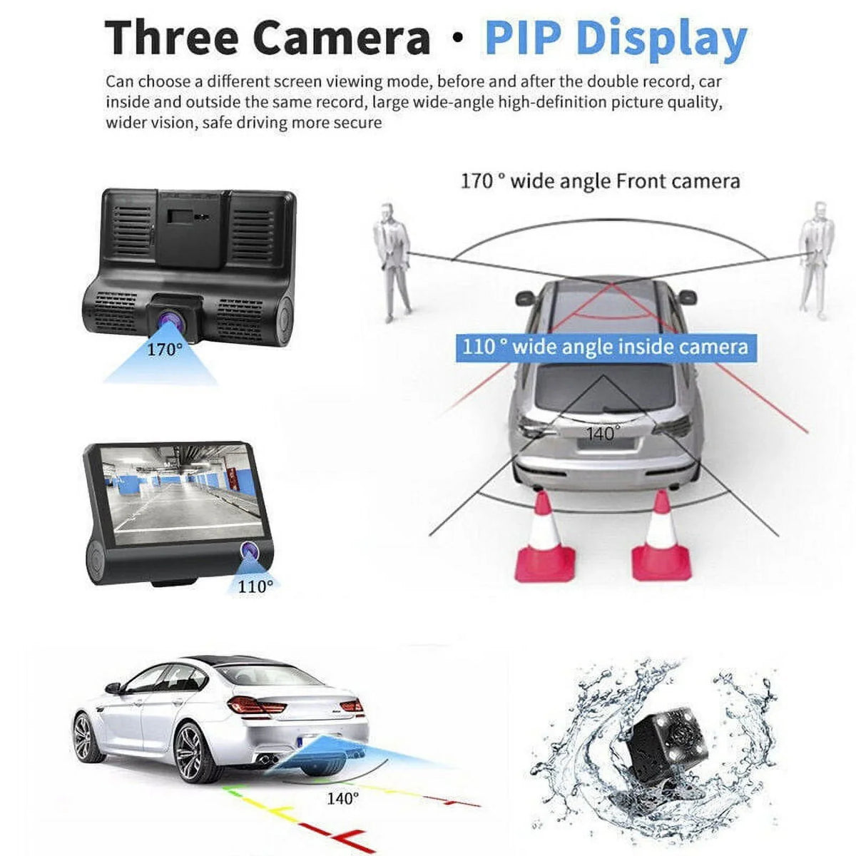 Car Dual Lens Dash Cam 1080P 4"   Front/Rear/Built-In Video Camera Driving Recorder -Sensor, Motion Detection and Parking Monitoring