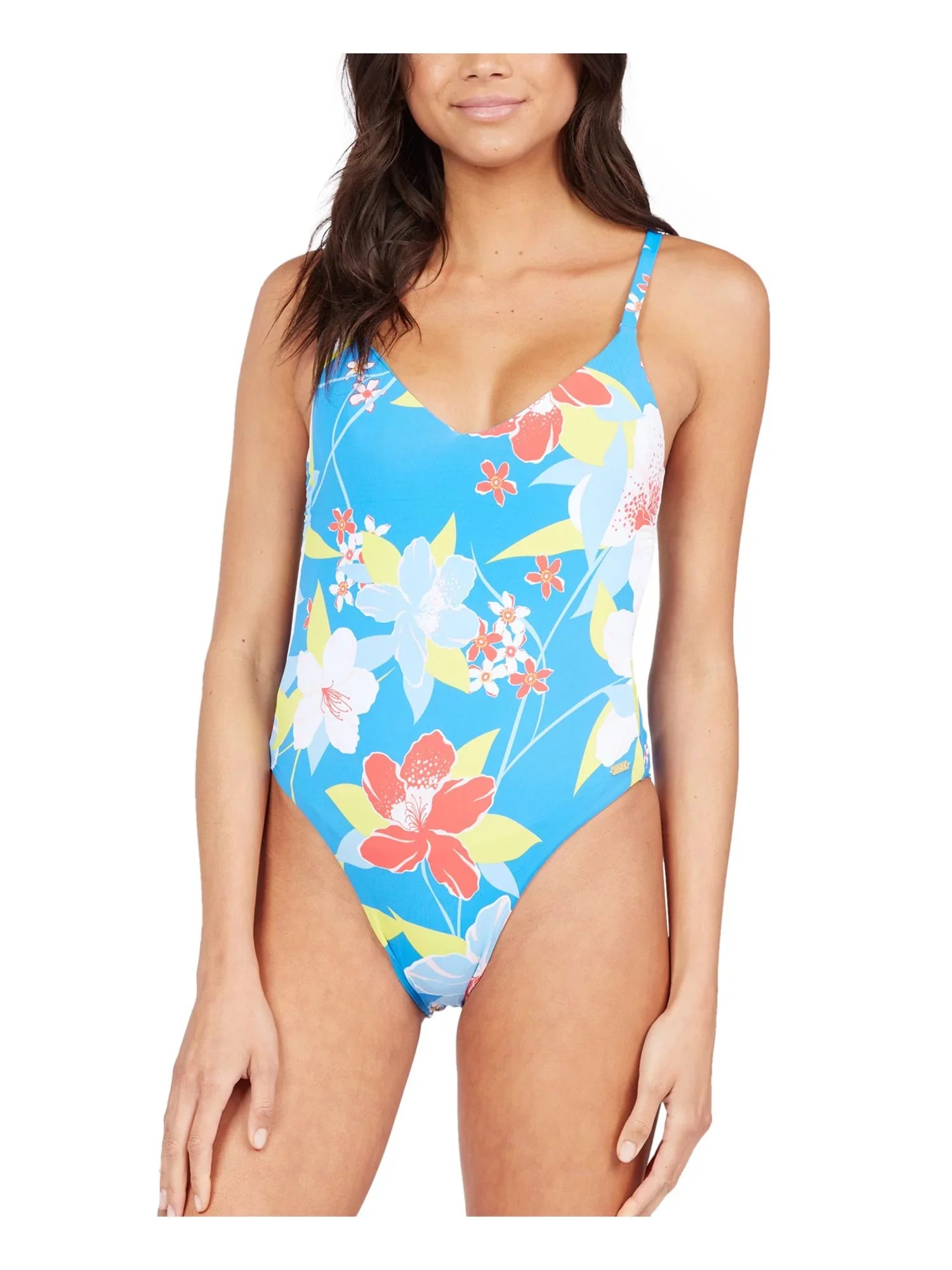 Women's Blue Floral Removable Cups Deep  Neck Tie She Just Shines One Piece Swimsuit