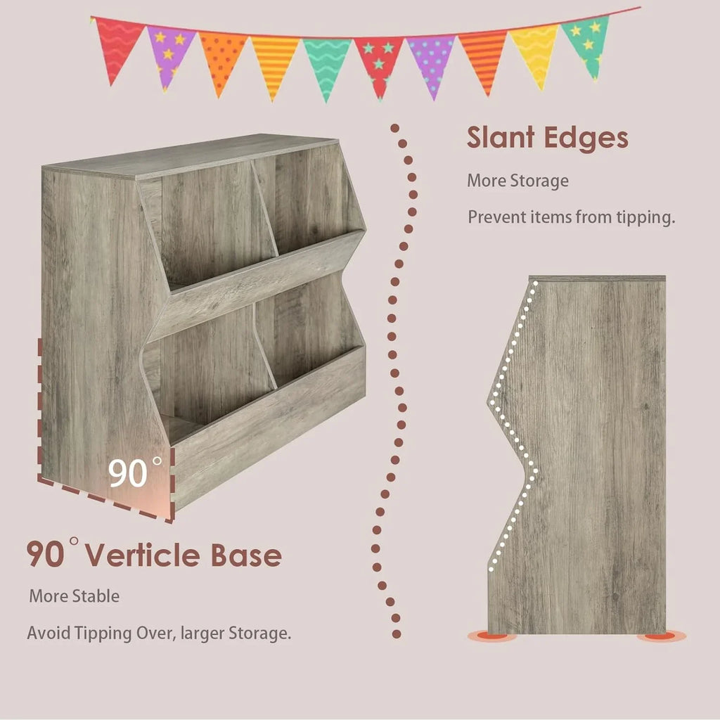 Kids , Toy Storage Organizer, Wooden Toy Storage Cabinet, 4 Cubby Children Bookcase, Toddler Book Toy Shelf for Bedroom, Nursery, Hallway, School, 39.4" Long, Gray Wash