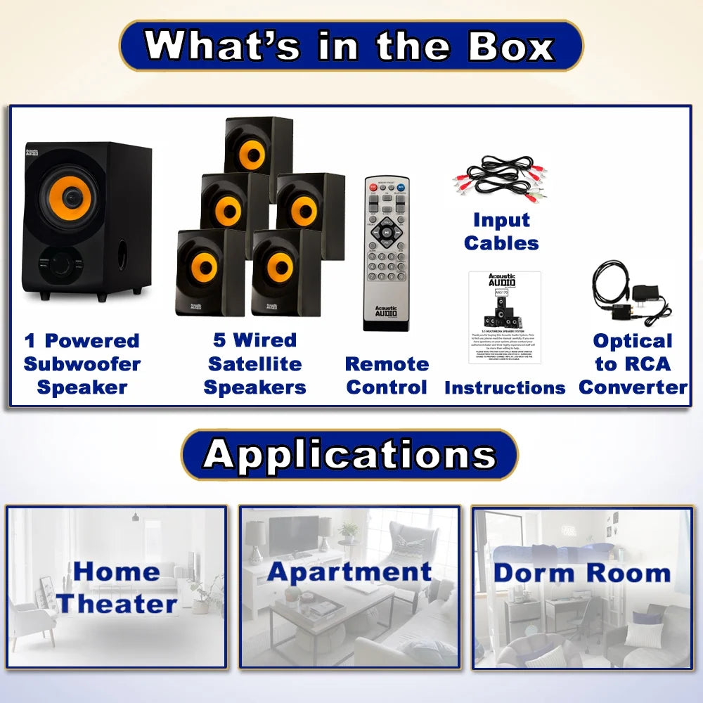 Acoustic Audio  Home Theater 5.1 Bluetooth Speaker System with  and Optical Input
