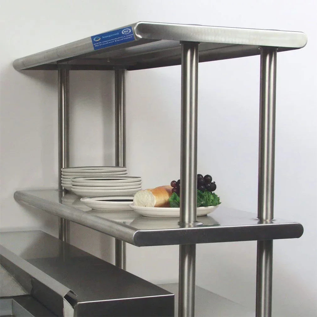 24" x 48" Stainless Steel Work Table With Two Shelves | 12" Wide Double Tier Overshelf | Metal Kitchen Prep Table & Shelving Combo
