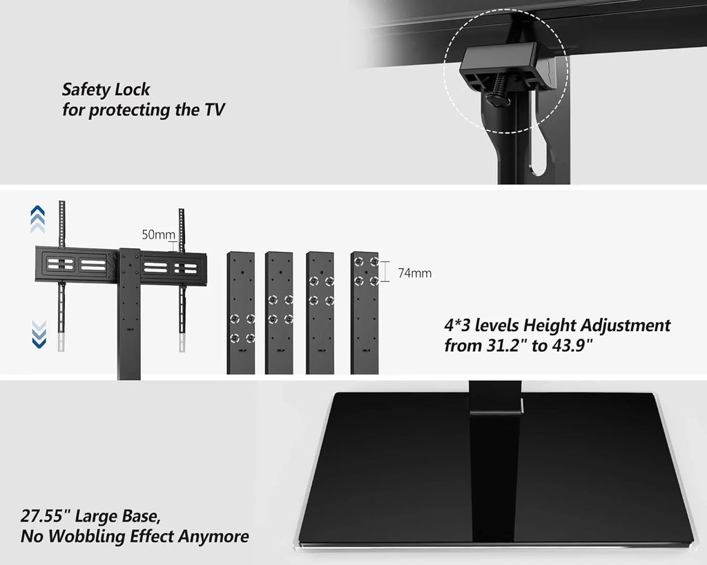 Universal  Stand/Base Swivel Tabletop  Stand with Mount for 50 to 85 inch Flat Screen  100 Degree Swivel  4 Level Height Adjustable Tempered Glass Base Holds up to 143 lb