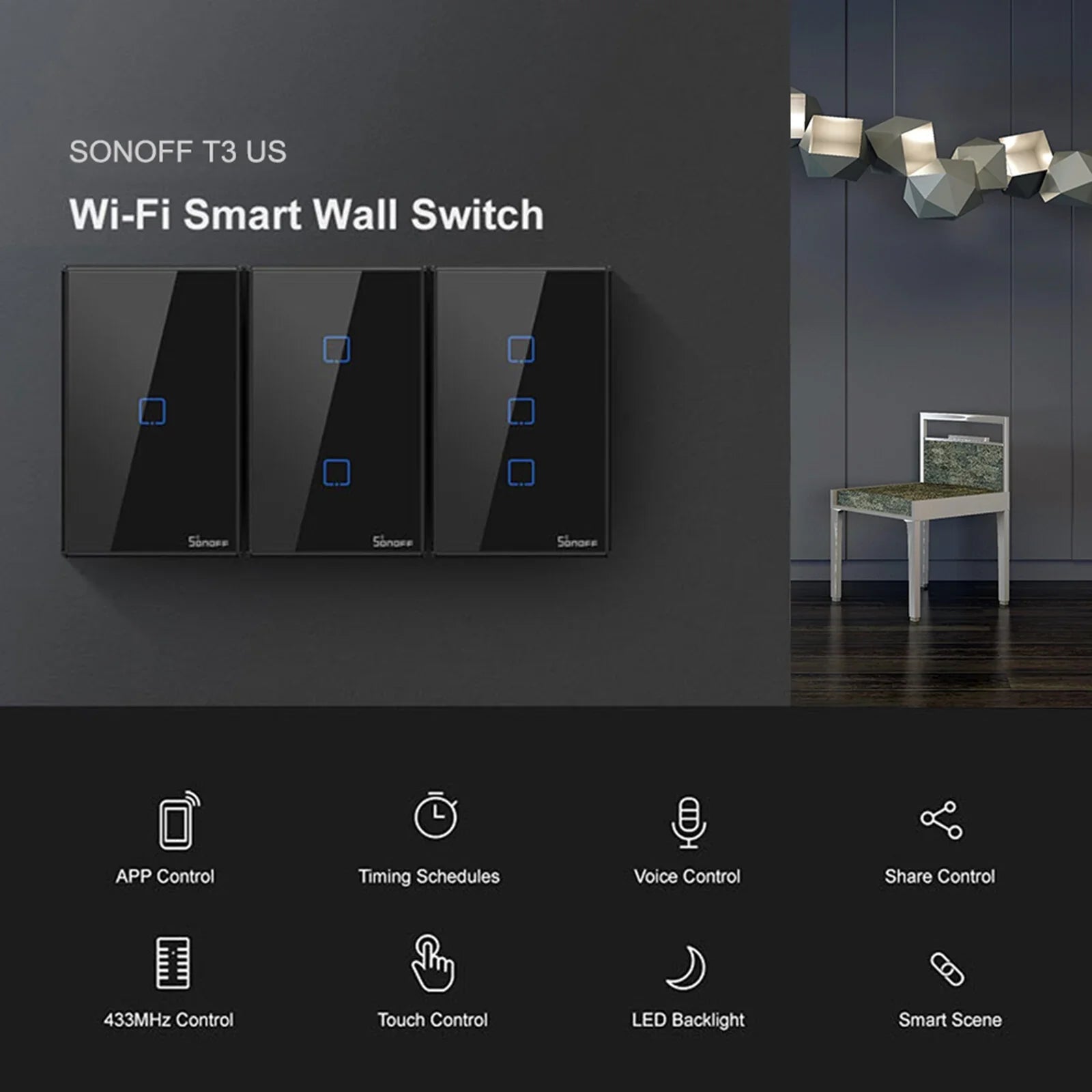 '- 2 Gang Smart WiFi Wall Light Switch 433Mhz  Remote Control /Touch Control Timer  Standard Panel Smart Switch Compatible with Google Home/Nest & Alexa
