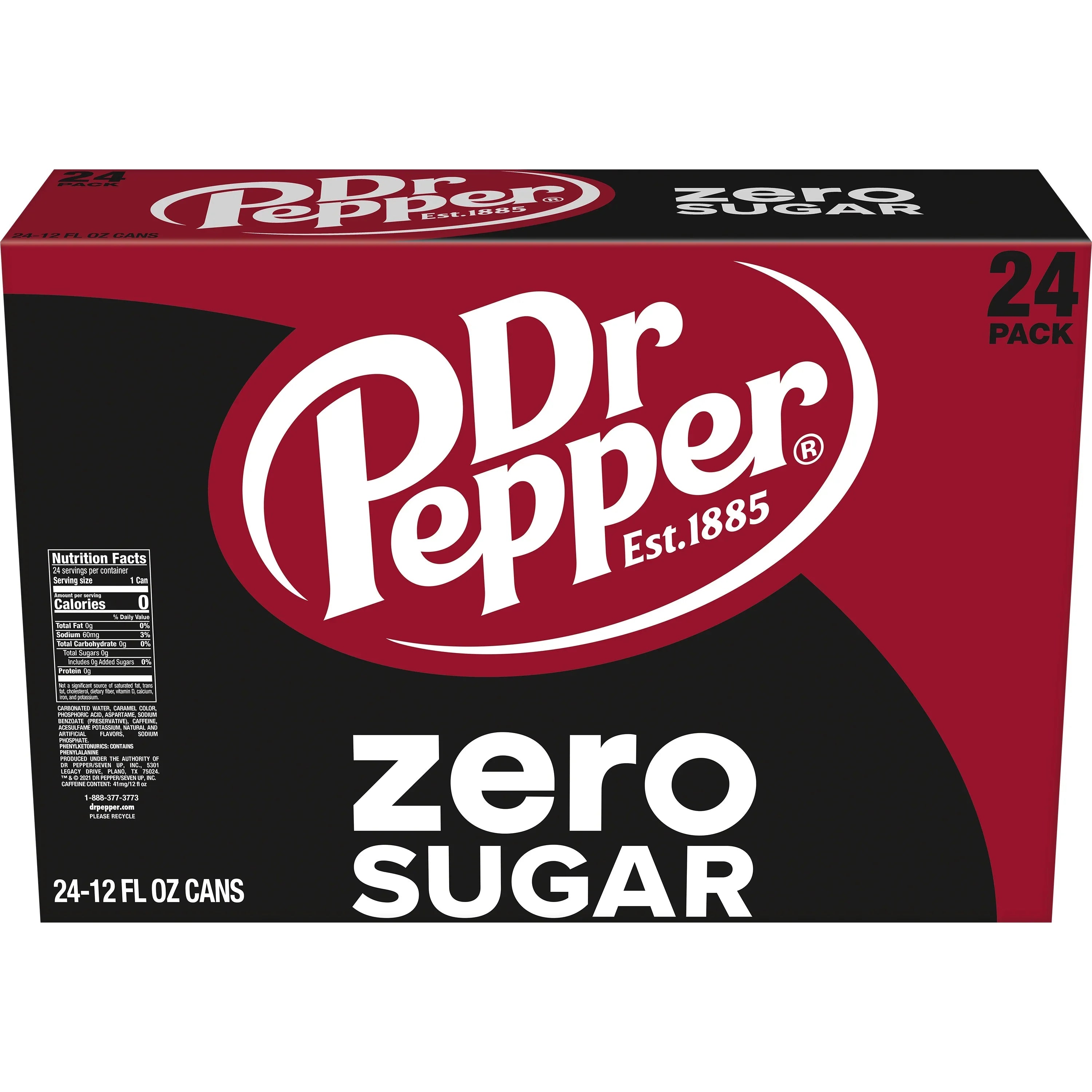 Dr Pepper Zero Sugar Soda Pop, 12 fl oz, 24 Pack Cans