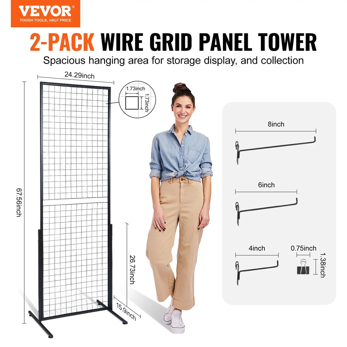 2' x 5.6' Grid Wall Panels Tower, 2 Packs Wire Gridwall Display Racks with -Base Floorstanding, Double Side Gridwall Panels for Art Craft Shows, Retail Display with Extra Clips and Hooks