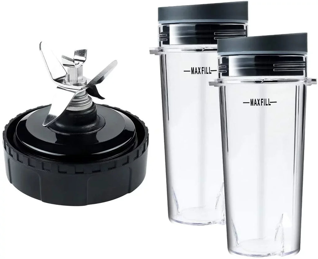 Enbizio Replacement Parts for Nutri Ninja Blender 6 Fins Blade Assembly and 2 Pack 16 oz Cup Set for    (3.35 inch)