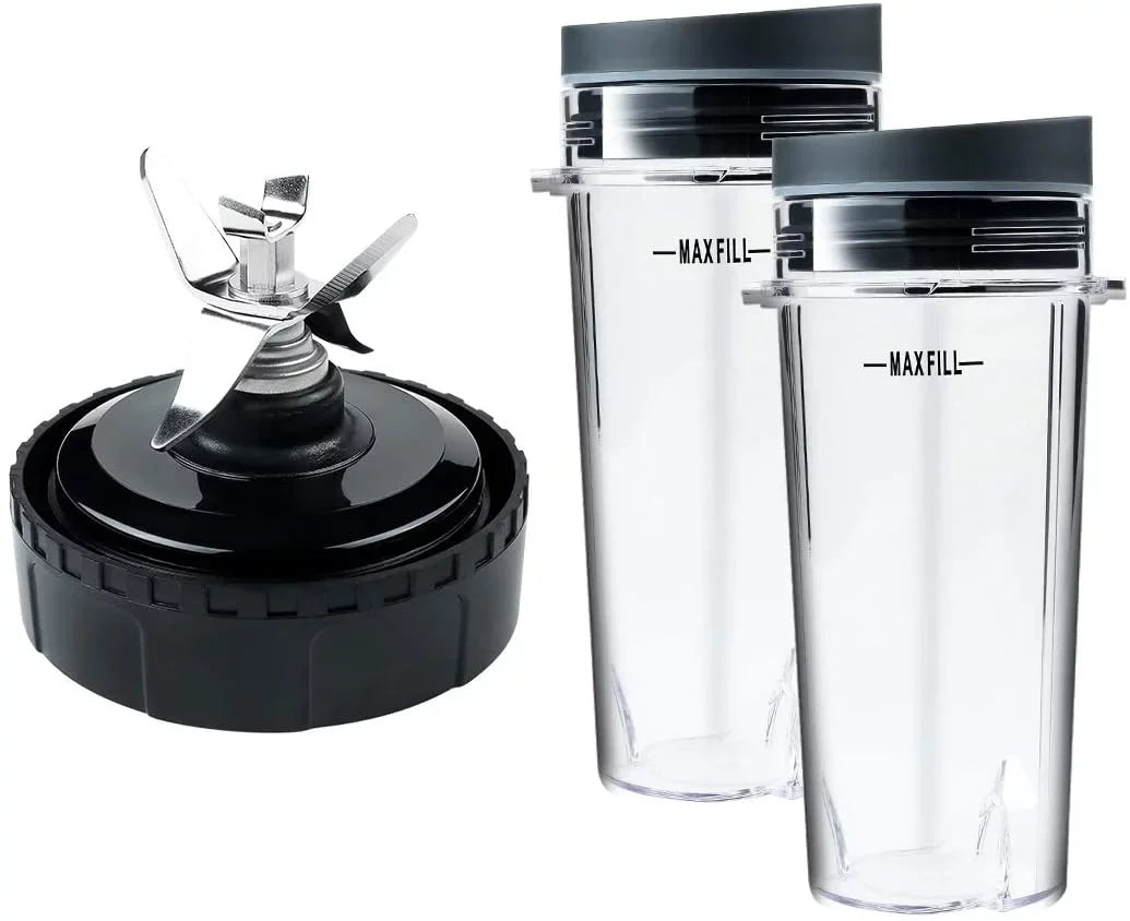 Enbizio Replacement Parts for Nutri Ninja Blender 6 Fins Blade Assembly and 2 Pack 16 oz Cup Set for    (3.35 inch)