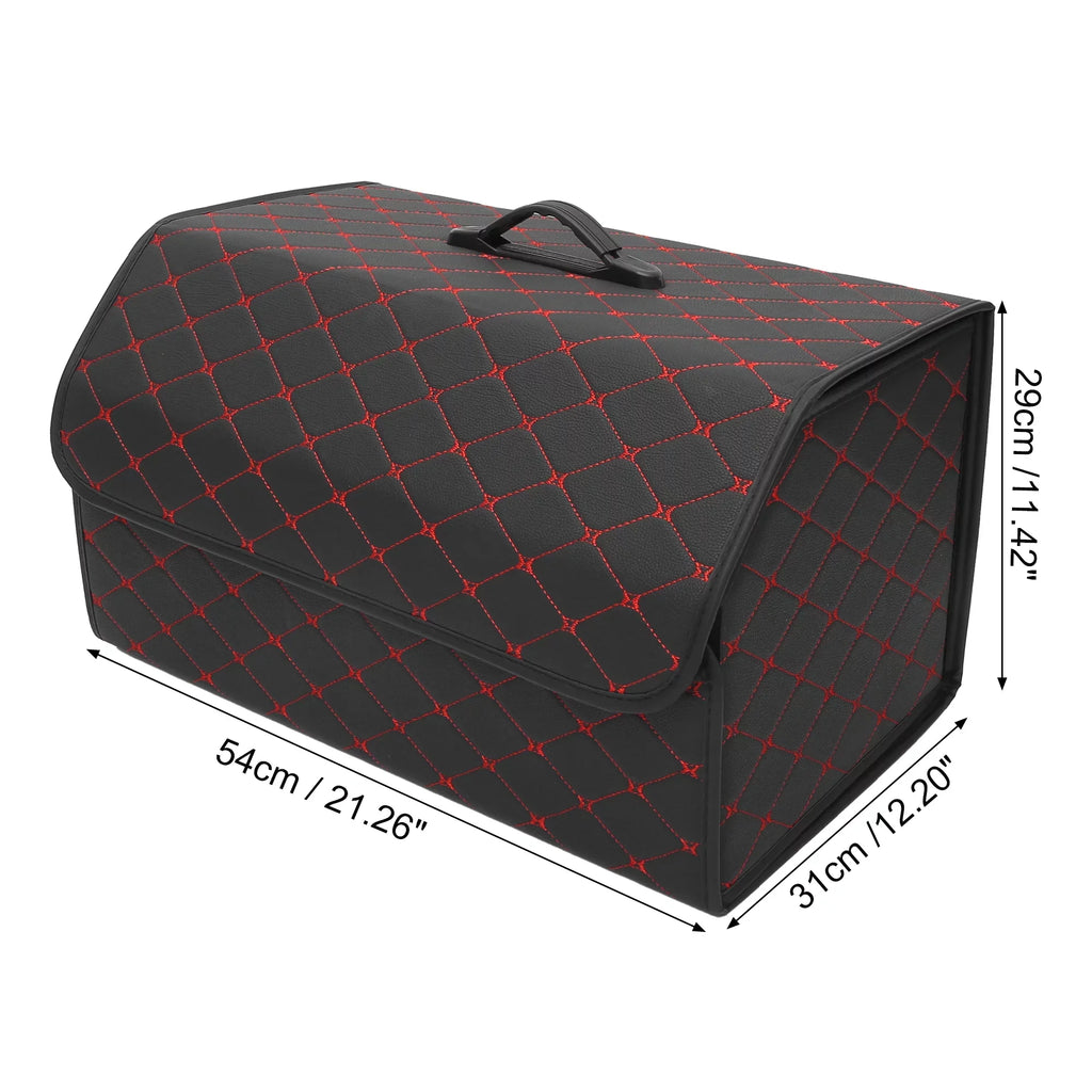 54x31x29cm Black  Leather Car Storage Bag Trunk Organiser Foldable Boot Bag with Handle for Truck  Red Stitches