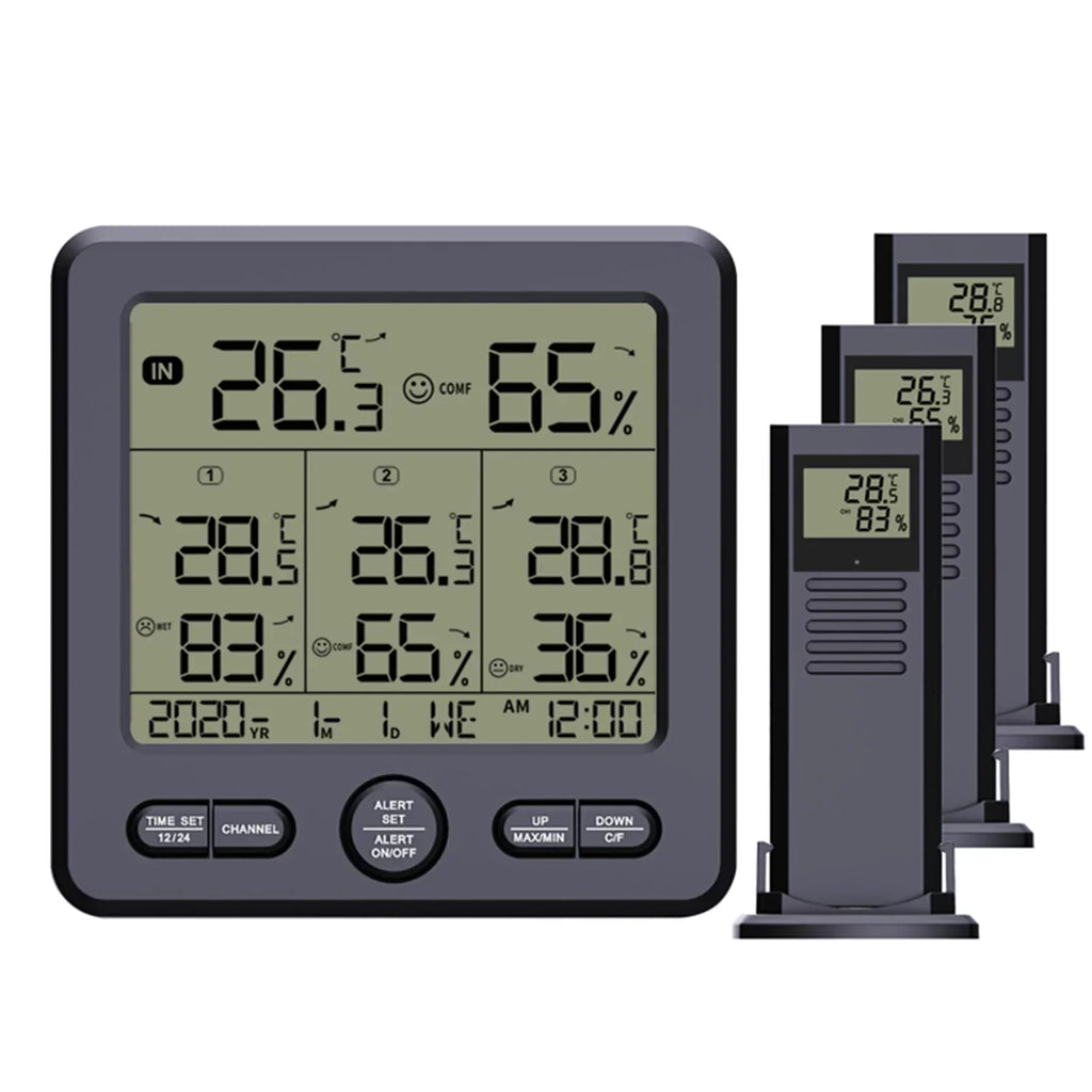 Anself Digital Wireless Indoor  Thermohygrometer with 3 Remote Sensors 98ft/ 30m Backlight & Calibration Function Humidity Monitor with 3 Transmitters Weather Stations for Home Office Gree