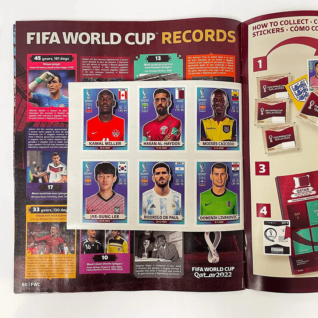 2022 Panini  World Cup Stickers - Mega Starter Pack (Album + 50 Stickers Total) ( Version) 8 Sticker Packs + 10 Stickers Inside The Album