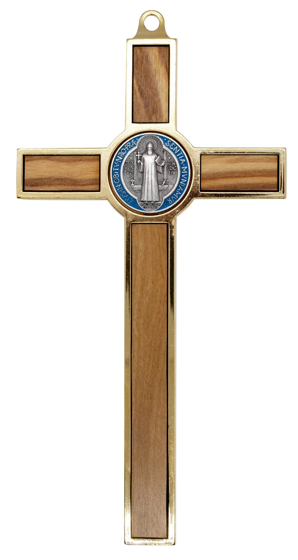 7.75" Gold-Tone St. Benedict Crucifix with Wood Inlays and Colored Medal