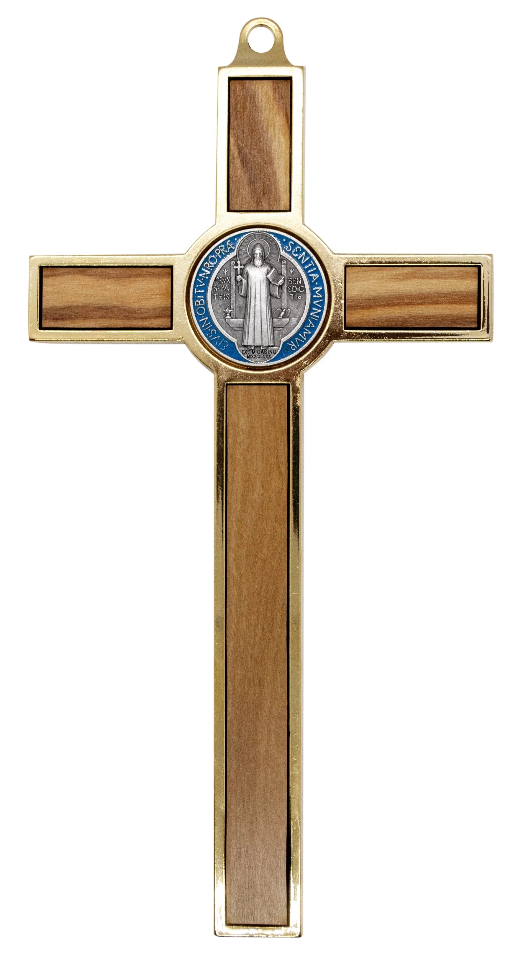7.75" Gold-Tone St. Benedict Crucifix with Wood Inlays and Colored Medal