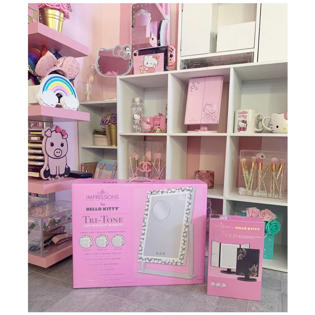 Impressions Vanity Hello Kitty Cute Tri Tone  Makeup Mirror, Lighted Vanity Mirror with Lights and 3X Magnification, 360 Degree Swivel Mirror with Touch and Iron Quality Frame (White)