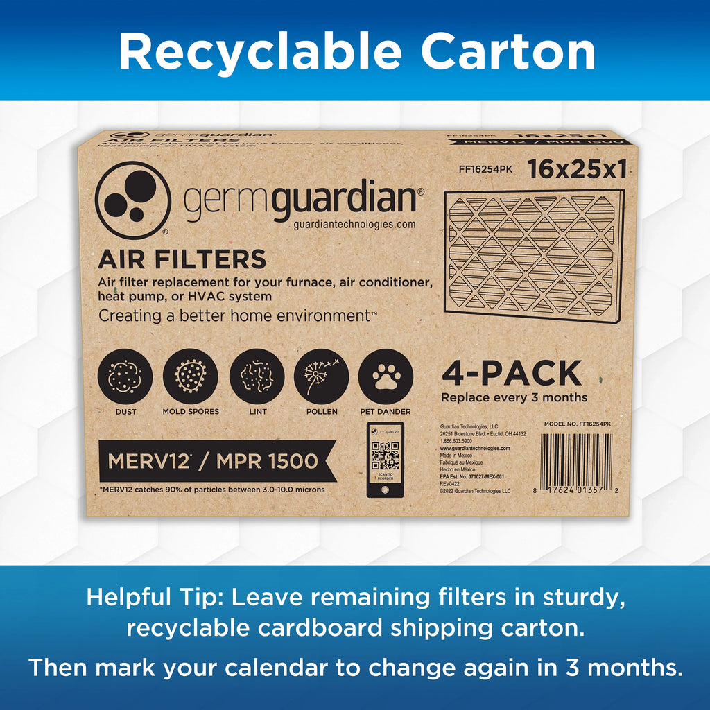 Germ Guardian 16x25x1  12 Pleated   Furnace Air Filters (4-Pack)
