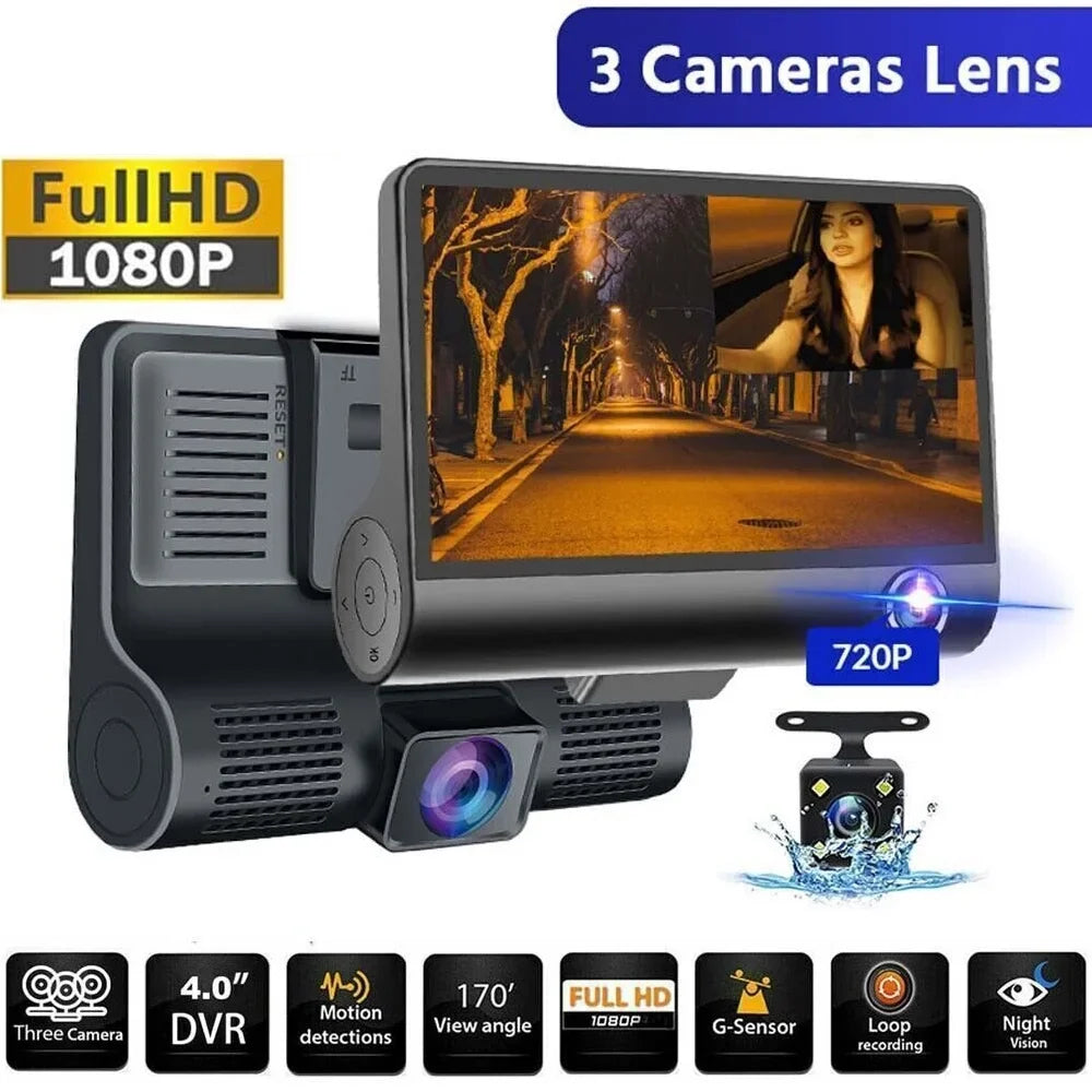 Car Dual Lens Dash Cam 1080P 4"   Front/Rear/Built-In Video Camera Driving Recorder -Sensor, Motion Detection and Parking Monitoring