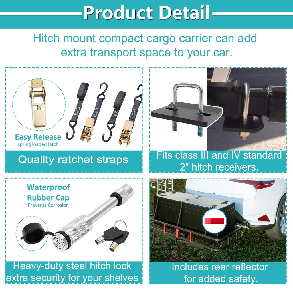 60" x 24" x 6" Hitched Mounted Folding Cargo Basket with a 500 lb Capacity for Car  Truck Trailer, Black