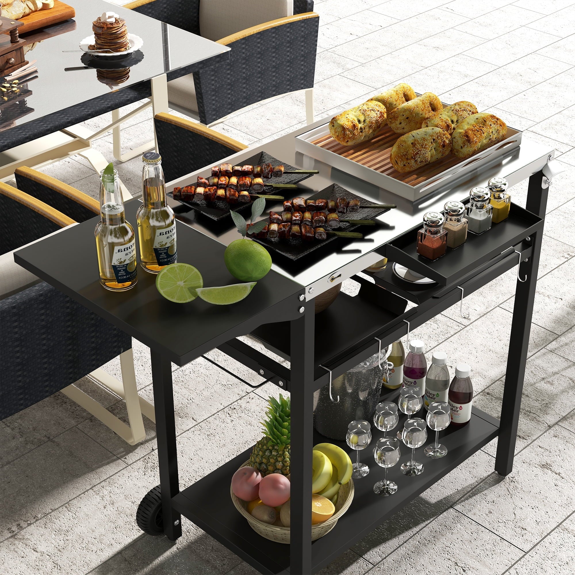 Outdoor Bar Cart with Stainless Steel Tabletop, Kitchen Island with Wheels, 2 Tiers & Seasoning Shelf, Patio Serving Cart with Hooks, Towel & Garbage Bag Holder, Plates & Spice Jars, Black