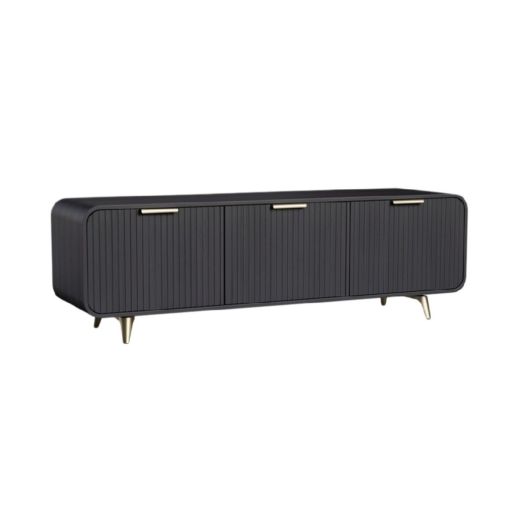 Modern Black TV Stand with Ribbed Design and Gold Legs