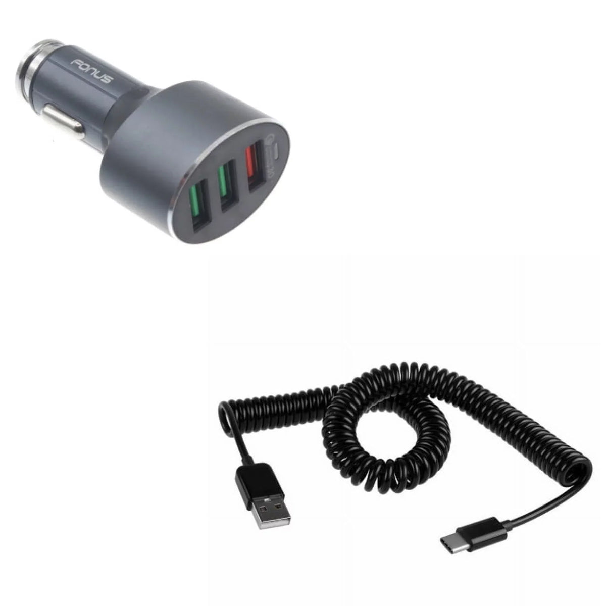 Type- Coiled  Cable w 3-Port  42W Quick Car Charger  for Samsung Galaxy Note 10 Plus Fold    A10e - Sonim   - Sony Xperia 5 10 Plus 1 - Xiaomi Redmi Note 7, Mi Mix 2 9T