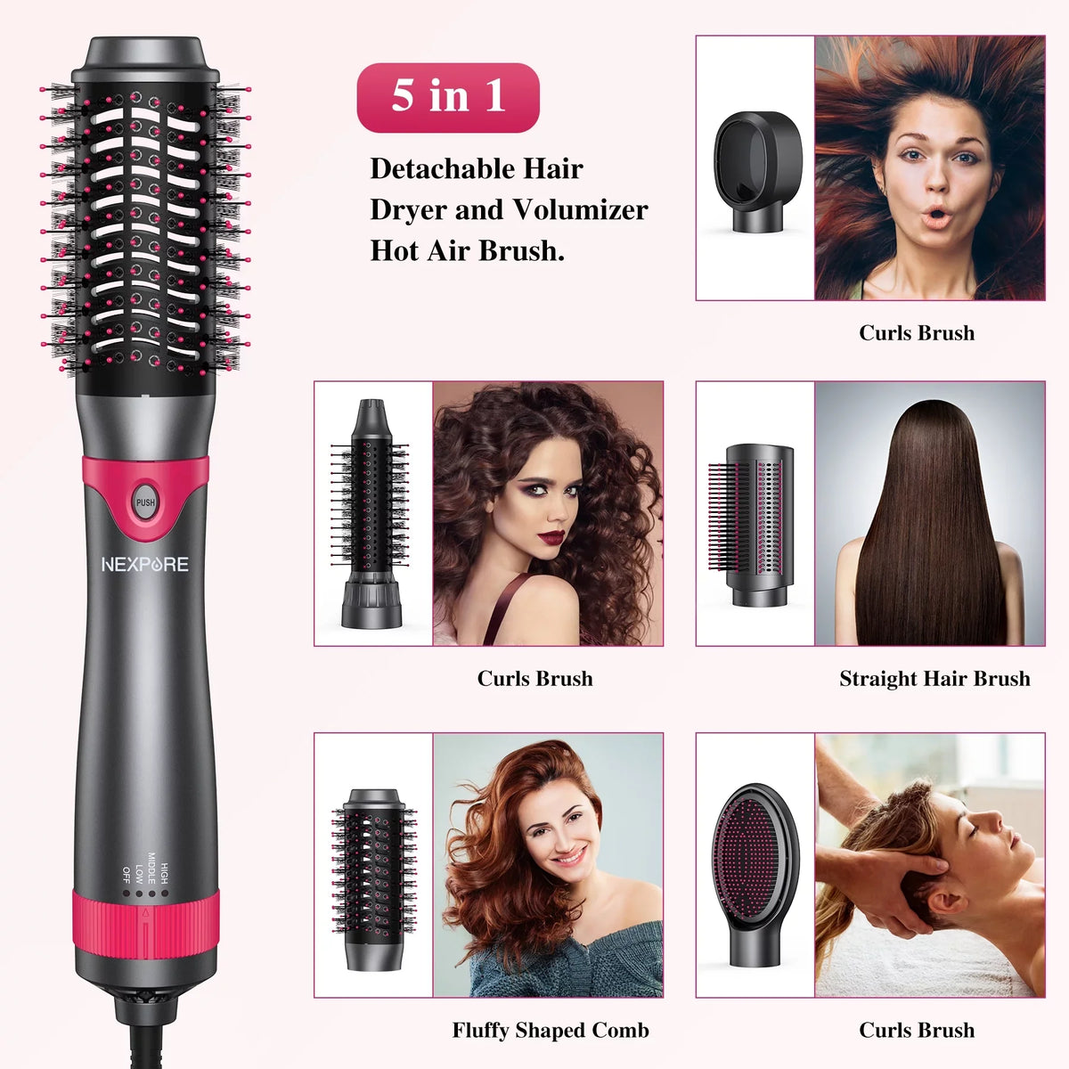 5 in 1 Multifunctional Hair Dryer Styling Tool, Detachable Salon 5-in-1 Multi-Head Hot Air Comb,Negative Ion Automatic Suction Hair Curler for Women