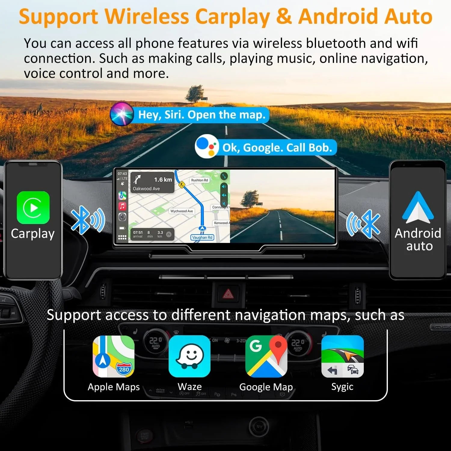 Portable Wireless Carplay Car Stereo with 2.5K Dash Cam - 9"   Screen, Android Auto, 1080p Backup Camera, Loop Recording, Bluetooth,  Navigation Head Unit, Car Radio Receiver