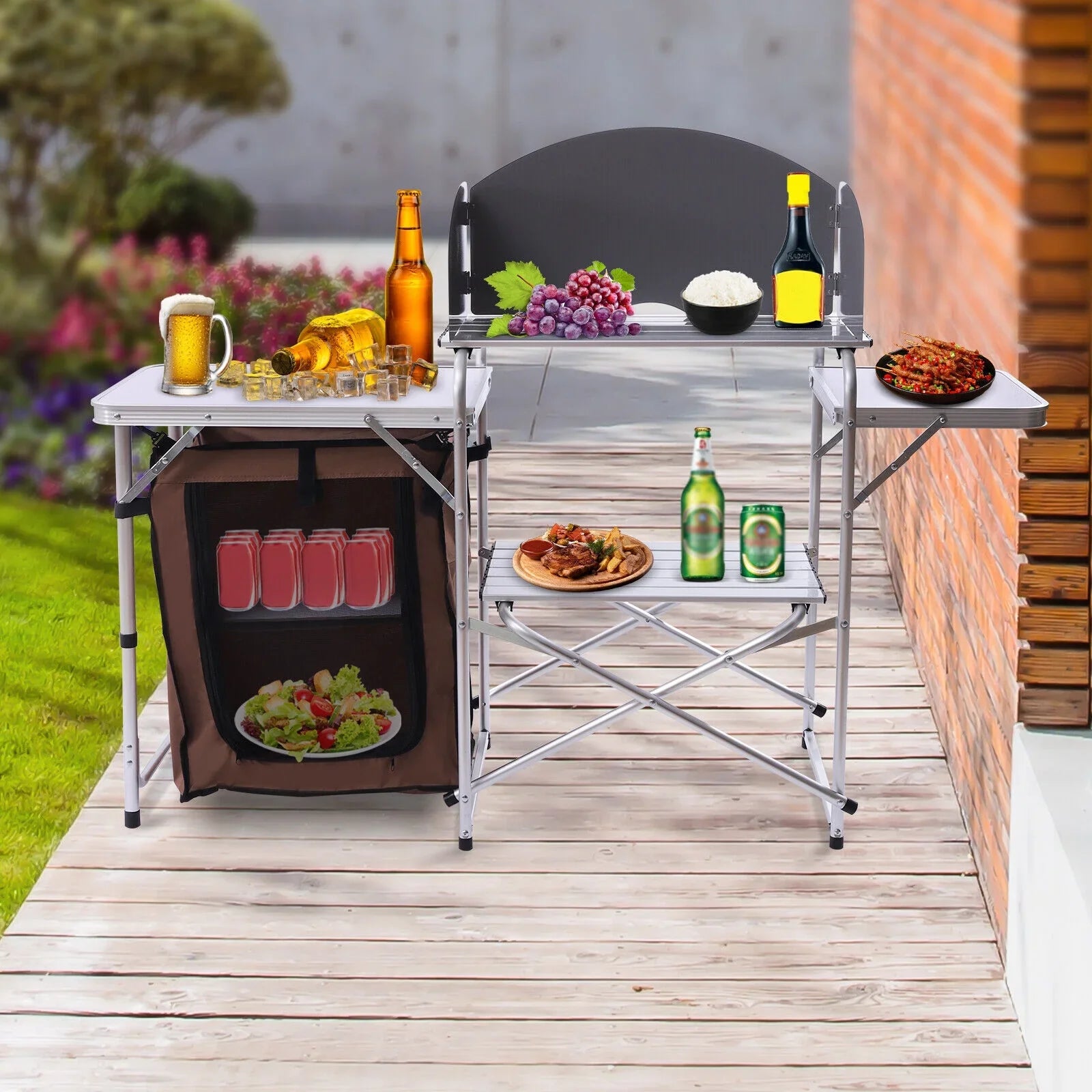 Folding Camping Kitchen Station Portable Barbecue Table Rack Brown Fabric Cover