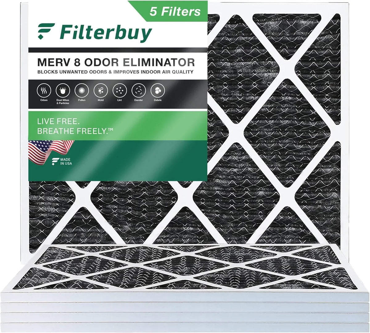 Filterbuy 24x25x1  8 Odor Eliminator Pleated   Furnace Air Filters with Activated Carbon (5-Pack)