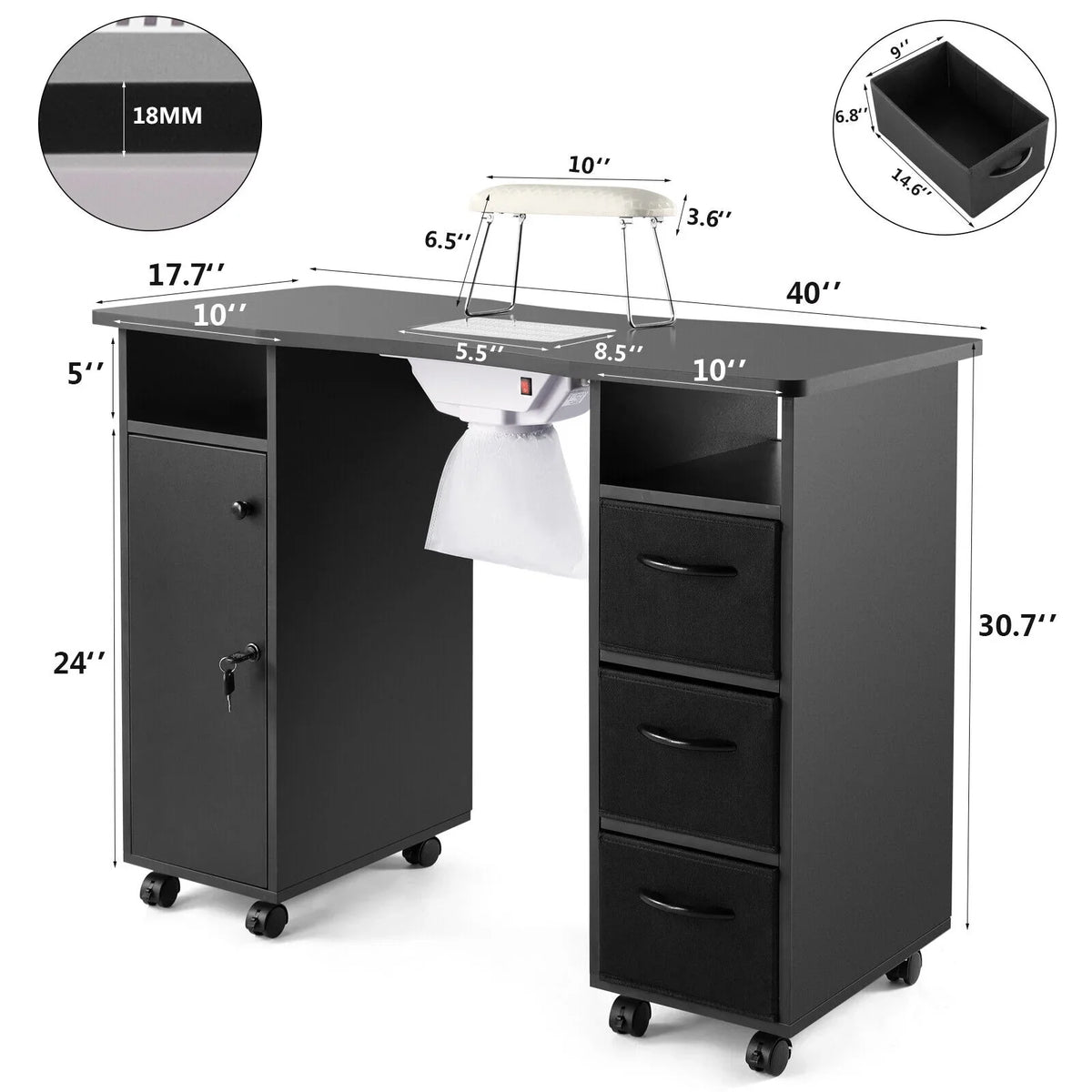 Artist Hand Black Nail Table Manicure Desk Beauty Station with Electric Downdraft Vent, Wrist Cushion, Lockable Wheels, Drawers, Shelves
