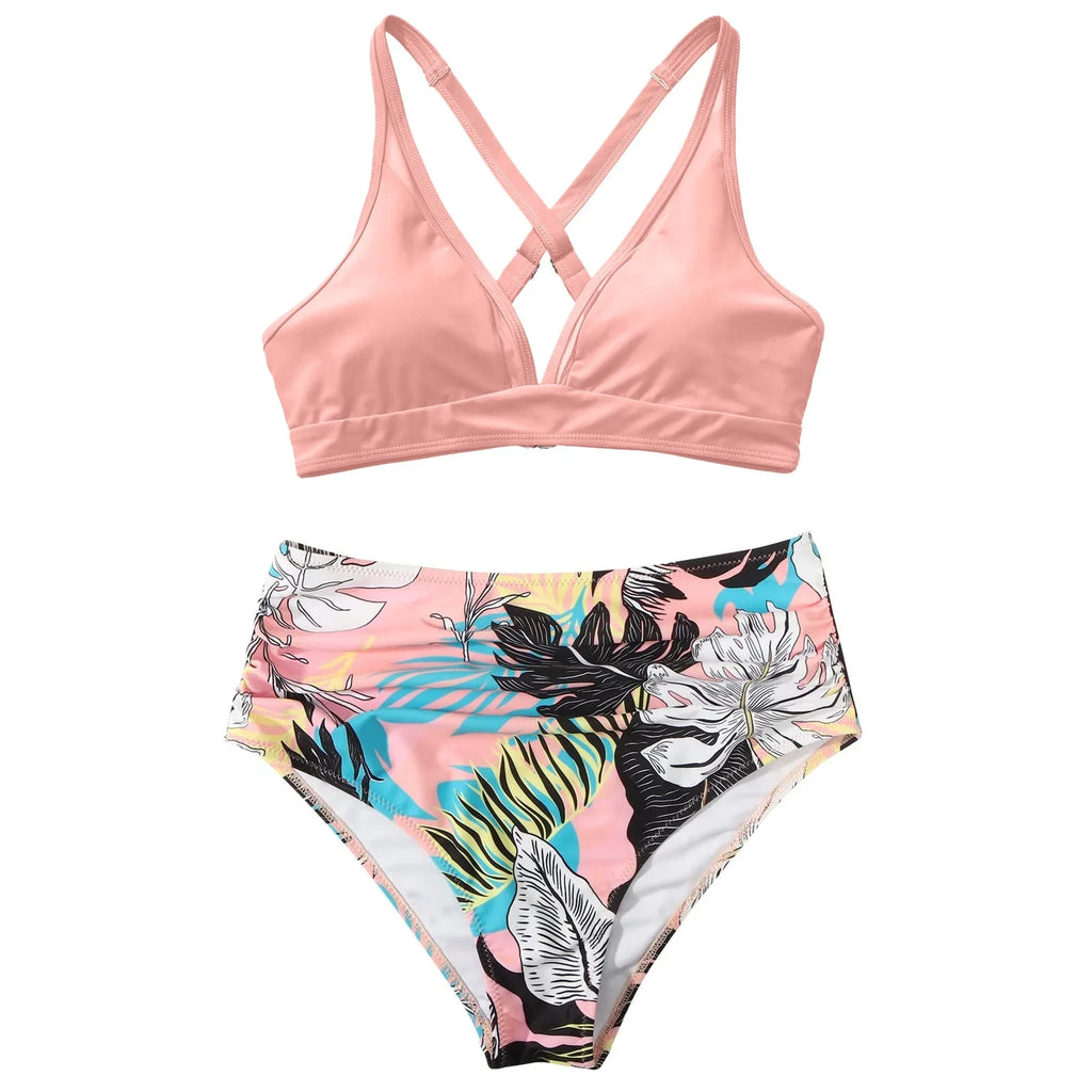 Swimsuit Underwire Bra Women High Waisted Bikini Sexy Push Up Two Piece Swimsuits Vintage Swimsuit Two Piece Retro Ruched High Waist Print Bikini Set