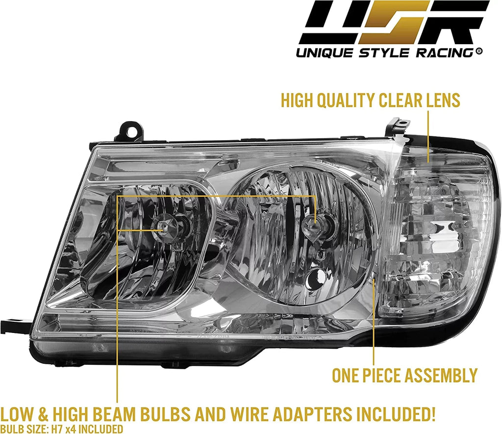 Headlights - Headlamps Set (Left + Right) Compatible with 1998-2005 Toyota Land Cruiser  100 (Euro Style with Clear Corner  Piece Design)