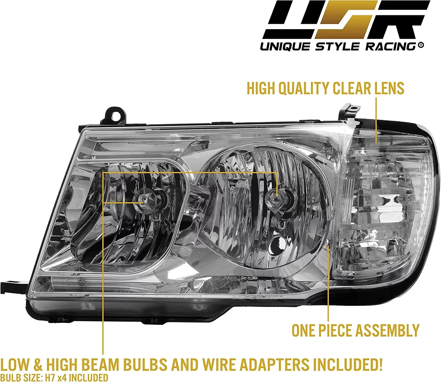 Headlights - Headlamps Set (Left + Right) Compatible with 1998-2005 Toyota Land Cruiser  100 (Euro Style with Clear Corner  Piece Design)