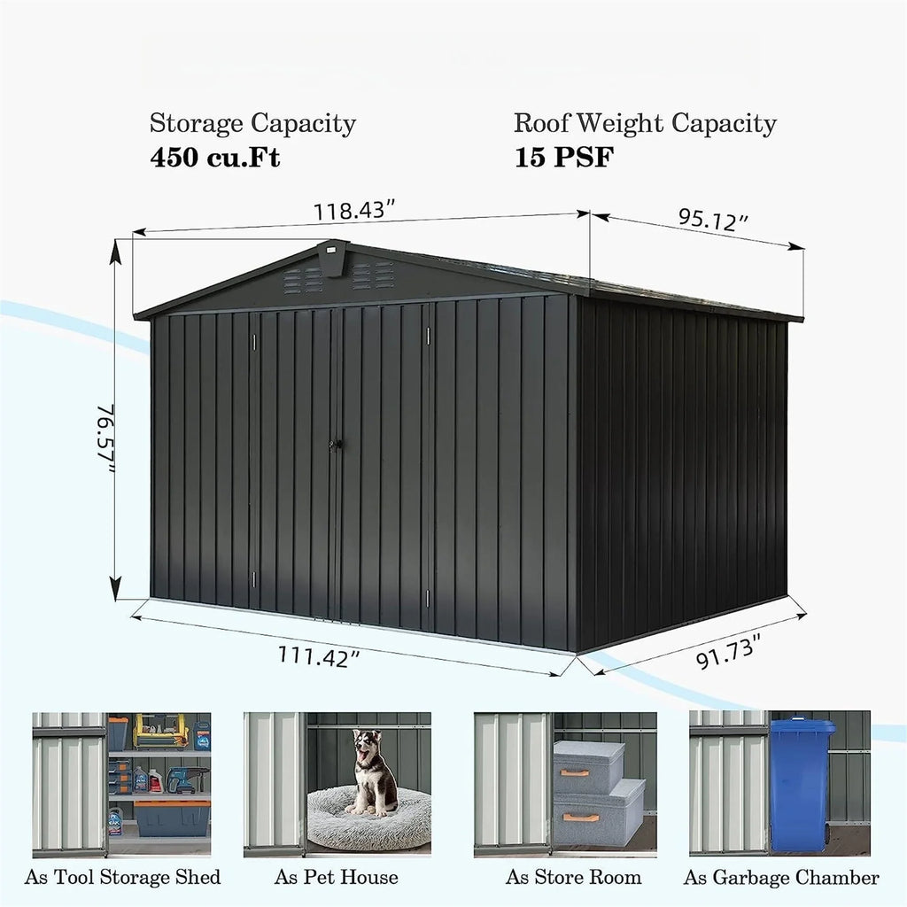 Homiyad Outdoor Storage Shed 10' 8', Metal Garden Shed for Bike, Trash Can, Tools, Galvanized Steel Outdoor Storage Cabinet with Lockable Door for Backyard, Patio, Lawn (10X8ft, Black)