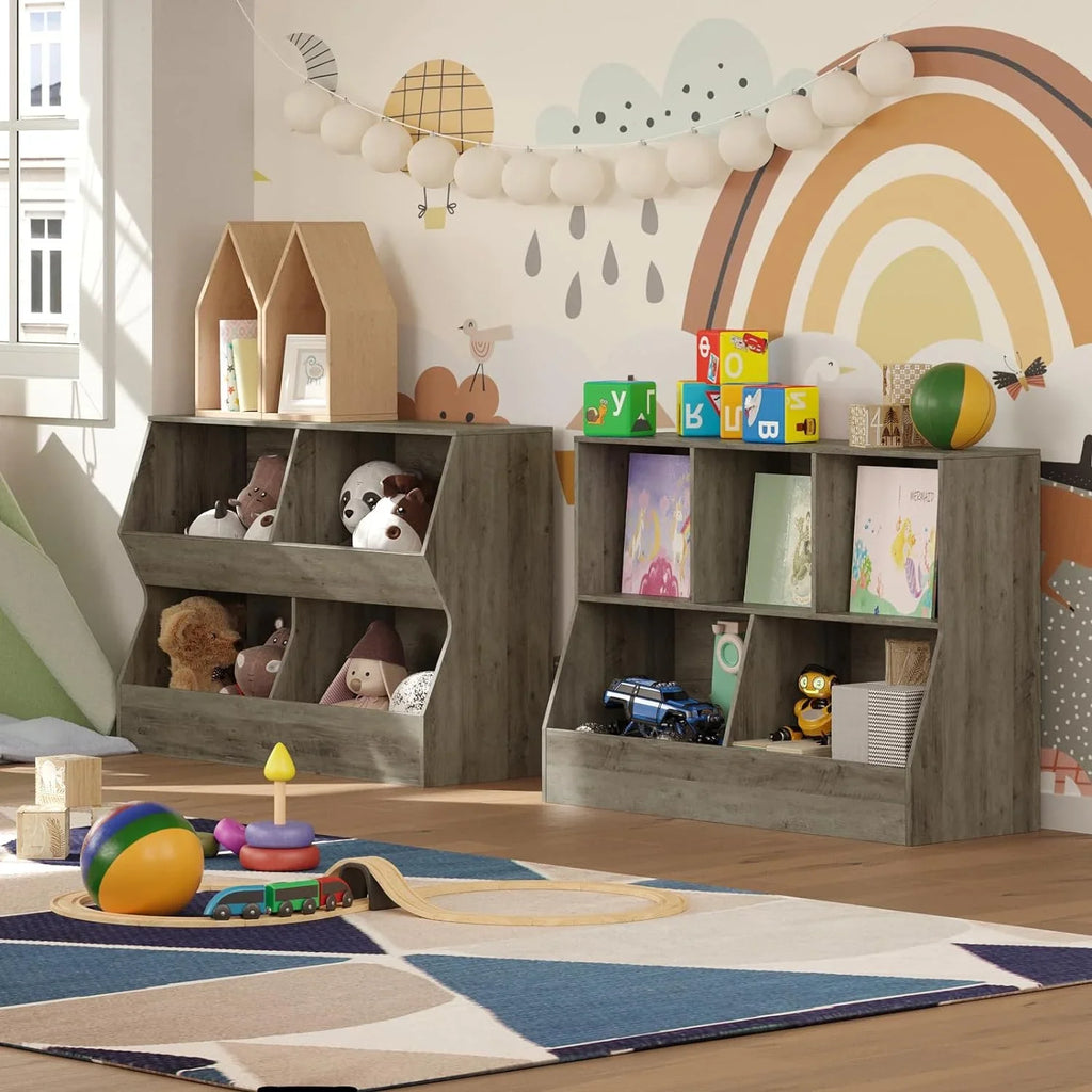 Kids , Toy Storage Organizer, Wooden Toy Storage Cabinet, 4 Cubby Children Bookcase, Toddler Book Toy Shelf for Bedroom, Nursery, Hallway, School, 39.4" Long, Gray Wash