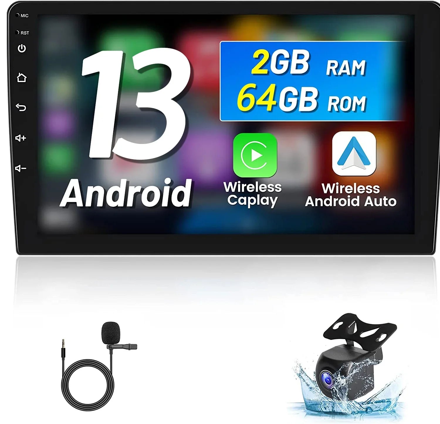 Podofo 2+64G Universal 9'' Double Din Car Stereo Radio Wireless Carplay Android Auto Mirror Link Touch Screen 1080P Car Multimedia Player Bluetooth    , Microphone& Backup Camera